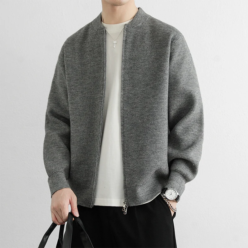 

Мужской вязаный кардиган на молнии, однотонный, свободного кроя, повседневный, осенне-весенний, из мягкого полиэфирного волокна, с длинными рукавами