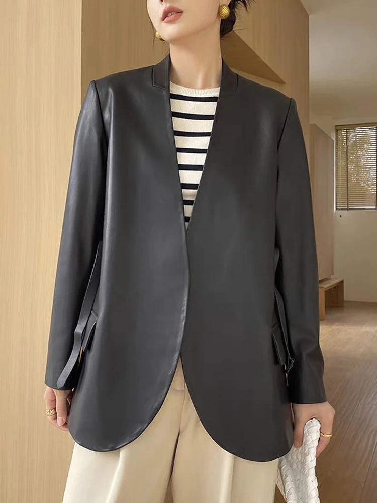 패션 봄 여성 의류 우아한 여성 정품 가죽 코트 V 넥 벨트 자켓 streetwear 블랙 오피스 레이디
