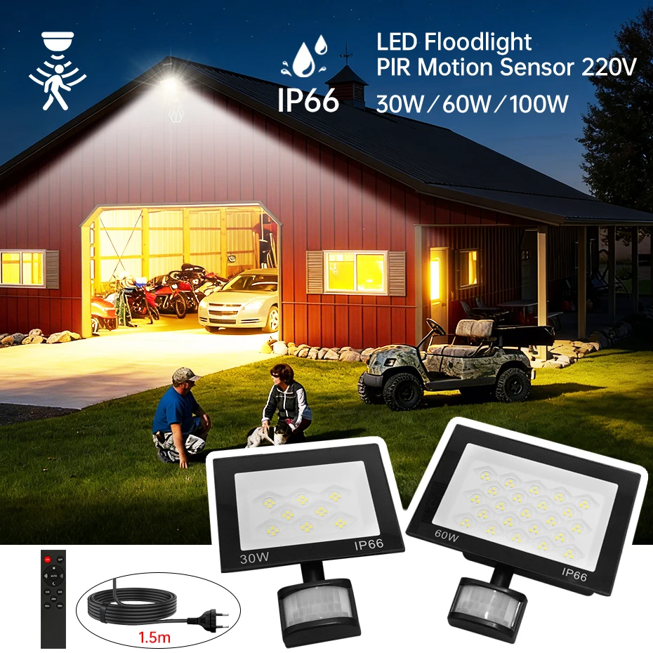 

Светодиодный прожектор с датчиком движения PIR и пультом ДУ, 30W 60W 100W, 220V, IP66, для наружного освещения сада и стен, с вилками EU AU UK