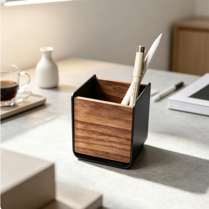 Laptop Stand Walnut Wood Modular Organizer with Pen Holder, Space-Saving Desk Storage for Office Supplies  Stationery Management