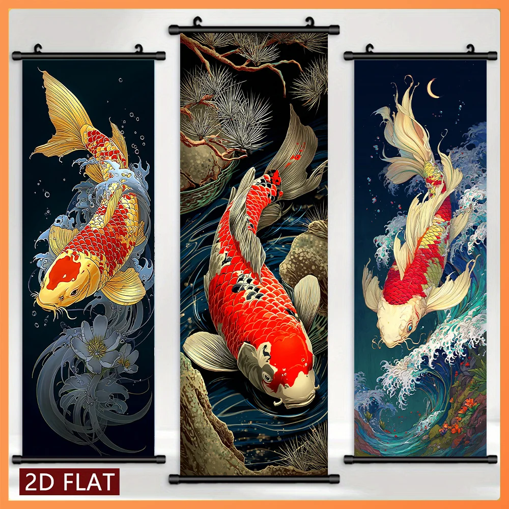 VIKAMA Japanese Koi Fish Red White Carp 3 Piece Wall Scroll Tapestry Set Pine Wave Wall Art Decor for Living Room Bedroom