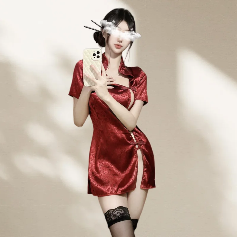 Exposed Collarbone Slit Sexy Flirtatious Retro Lingerie Passionate Cheongsam Uniform Seductive and Hot Outfit Sleepwear Women