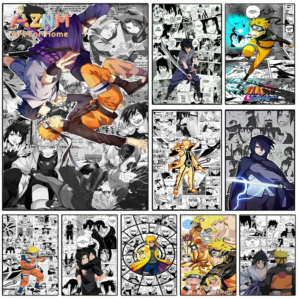 AZNM Naruto And Sasuke Clash Comic Background Canvas Wall Print, Classic Anime Ninja Fight Scene Art Poster, Unframed Canvas P
