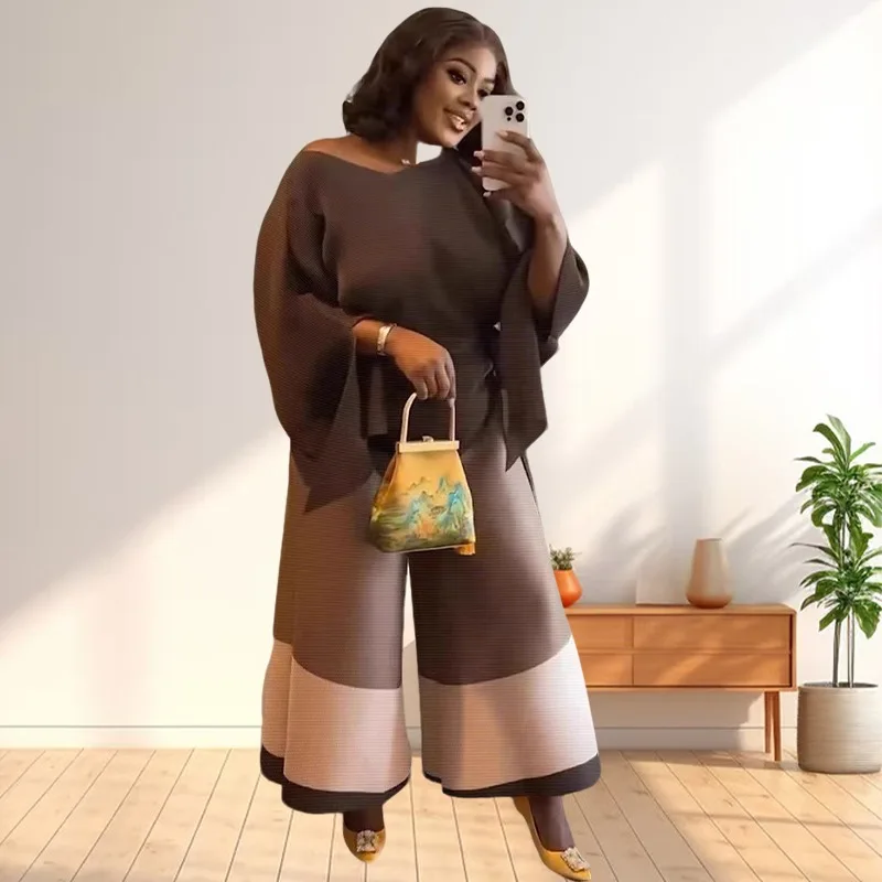 

African Large Size Women's Miyake Pleated Casual Fashion Elastic Suit Europe Irregular Color Blocking Loose 2-piece Set 2025 New