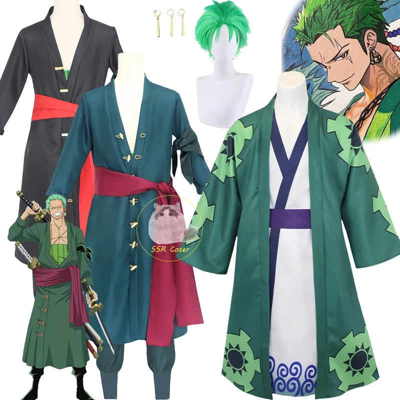 Bilobilik Roronoa Zoro przebranie na karnawał Anime ONE PIECE Cosplay Zoro Kimono płaszcz jednolite kolczyki peruka Halloween ubrania dla mężczyzn