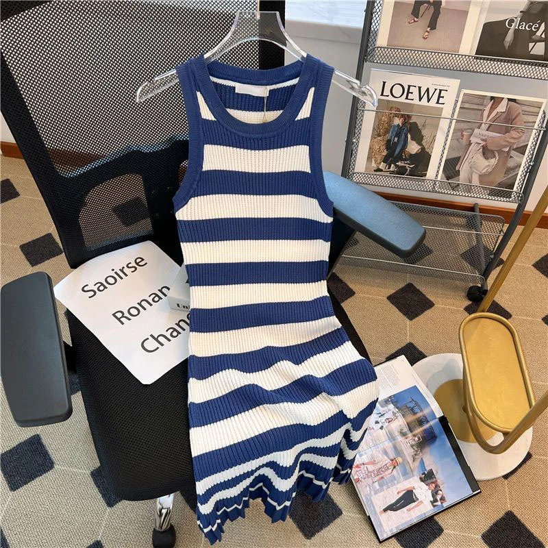 

Blue striped casual loose vest skirt children's new summer 2024 wearing dopamine slim sleeveless knit dress. dress for women