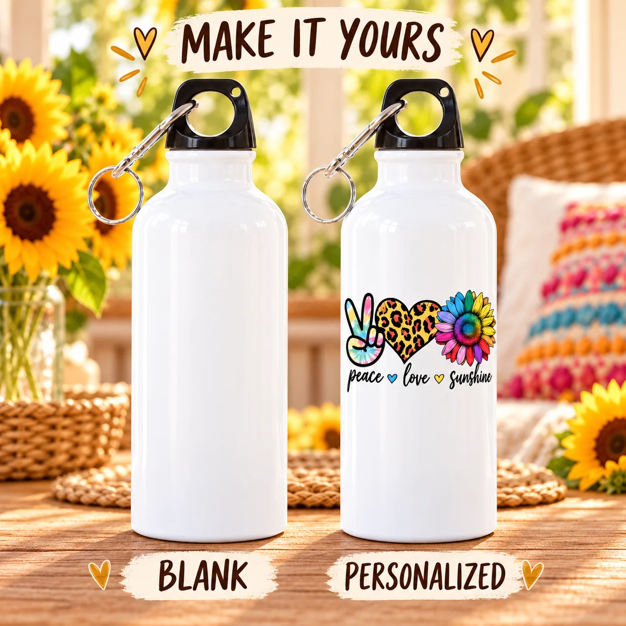 1pc Sublimation Aluminum Water Bottle, Peace Love Sunshine Print Sports Water Bottle with Carabiner, Lightweight Portable