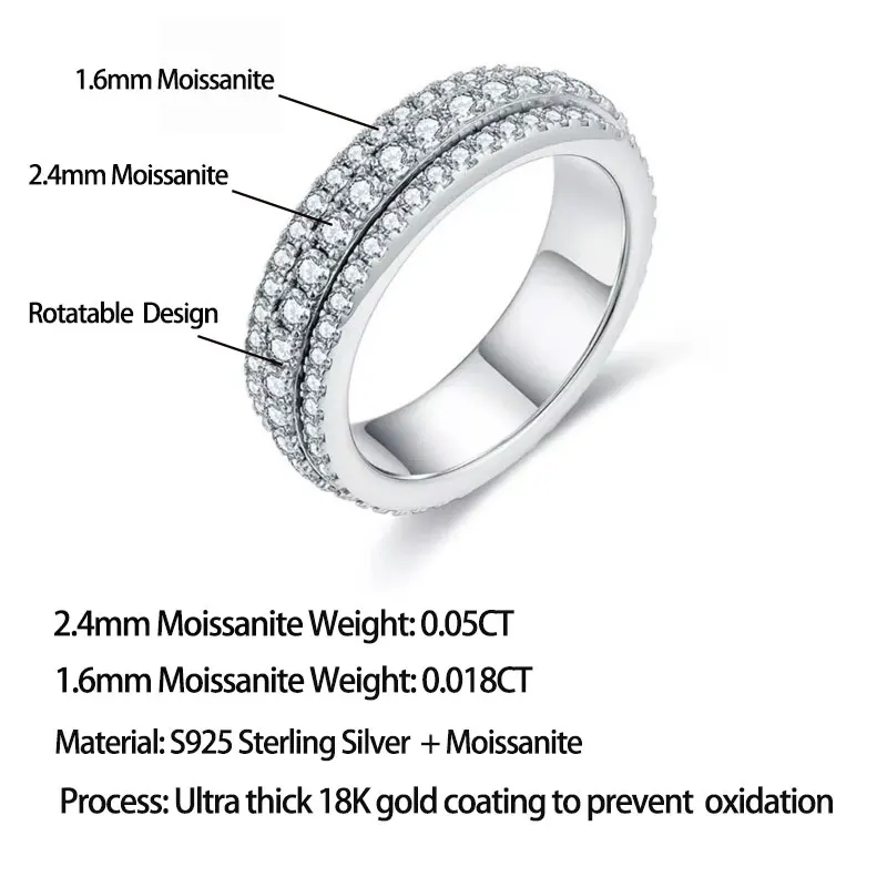 LinkerLove S925 Silver Eternity Moissanite Rotatable Wedding Band Stackable 3 Row Ring Anniversary Gift for Women Luxury Jewelry