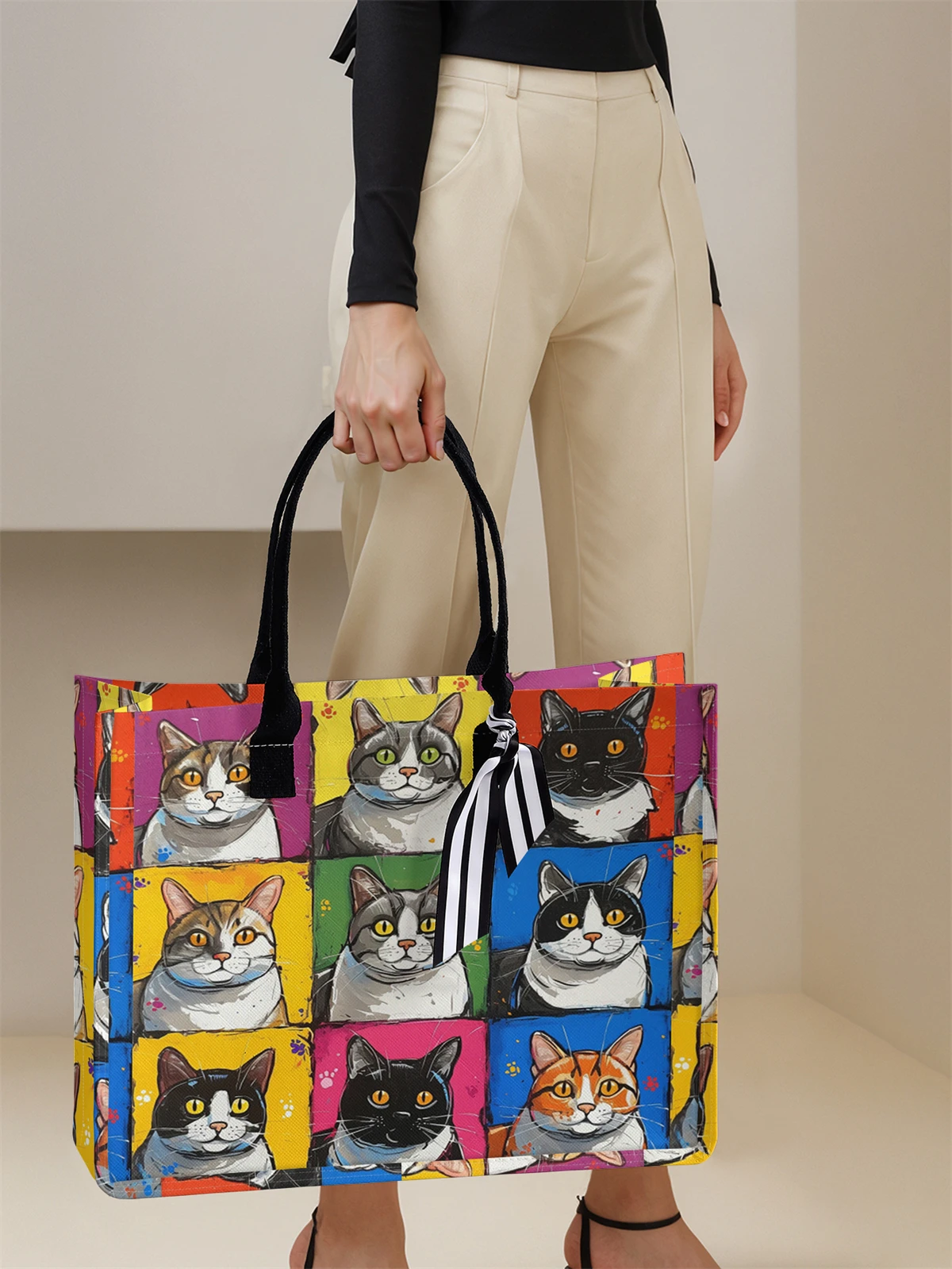 

Cartoon cat pattern printed handbag, women's gift handbag, beach bag, suitable for large capacity handbags for men and women