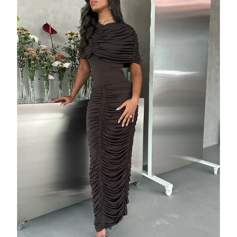 

Customized Brown Formal Maxi Dress with Ruched Detailing and Capelet Shoulder Bodycon Evening Dress for Cocktail Events