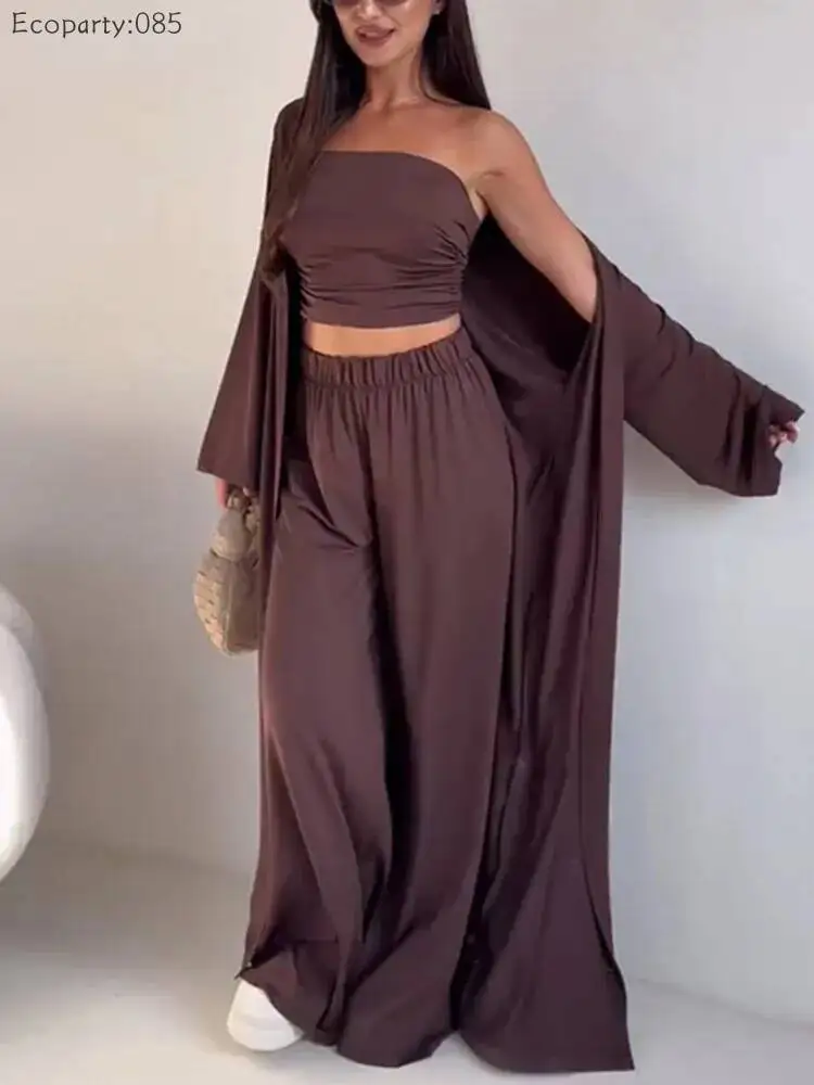 Conjunto de Ropa Casual de Verano para Mujer, 3 Piezas, Chaleco sin Tirantes, Cárdigan Largo, Pantalones Anchos, Traje Elegante para Oficina
