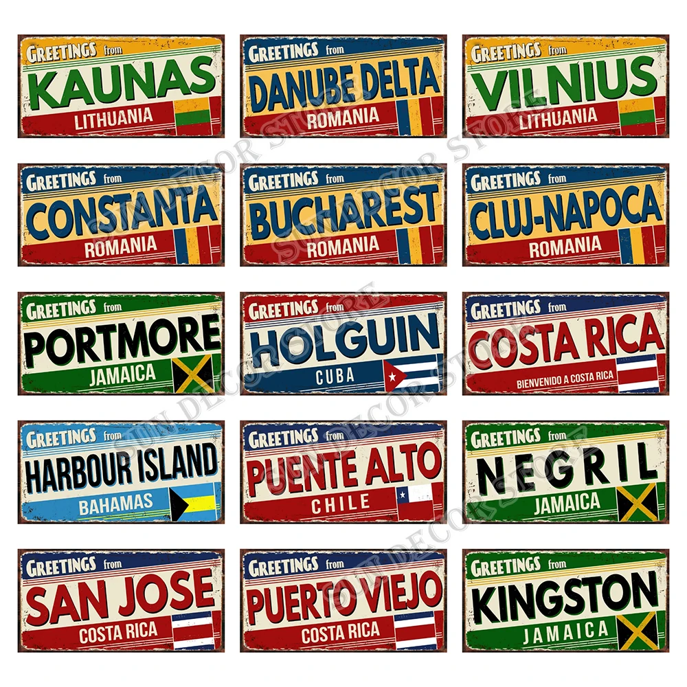 

Greetings From Chile Jamaica Romania City Tin Plate Vintage Metal Sign Home Decor Poster 6x12 Inch Customizable KL-0556