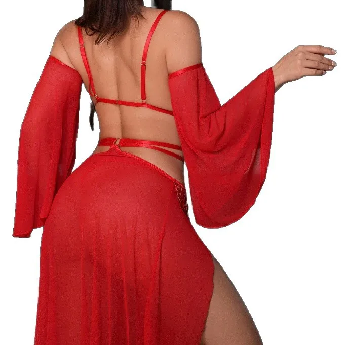 

Женские пижамы с кисточками, сексуальная ночная рубашка, полая красная тюлевая одежда для сна, комплект из будуарных пижам, романтическое чувственное ночное платье с разрезом