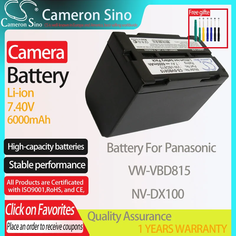 CameronSino Battery for Panasonic NV-DX100 fits Panasonic VW-VBD815 Digital camera Batteries 6000mAh 7.40V Li-ion Dark Grey