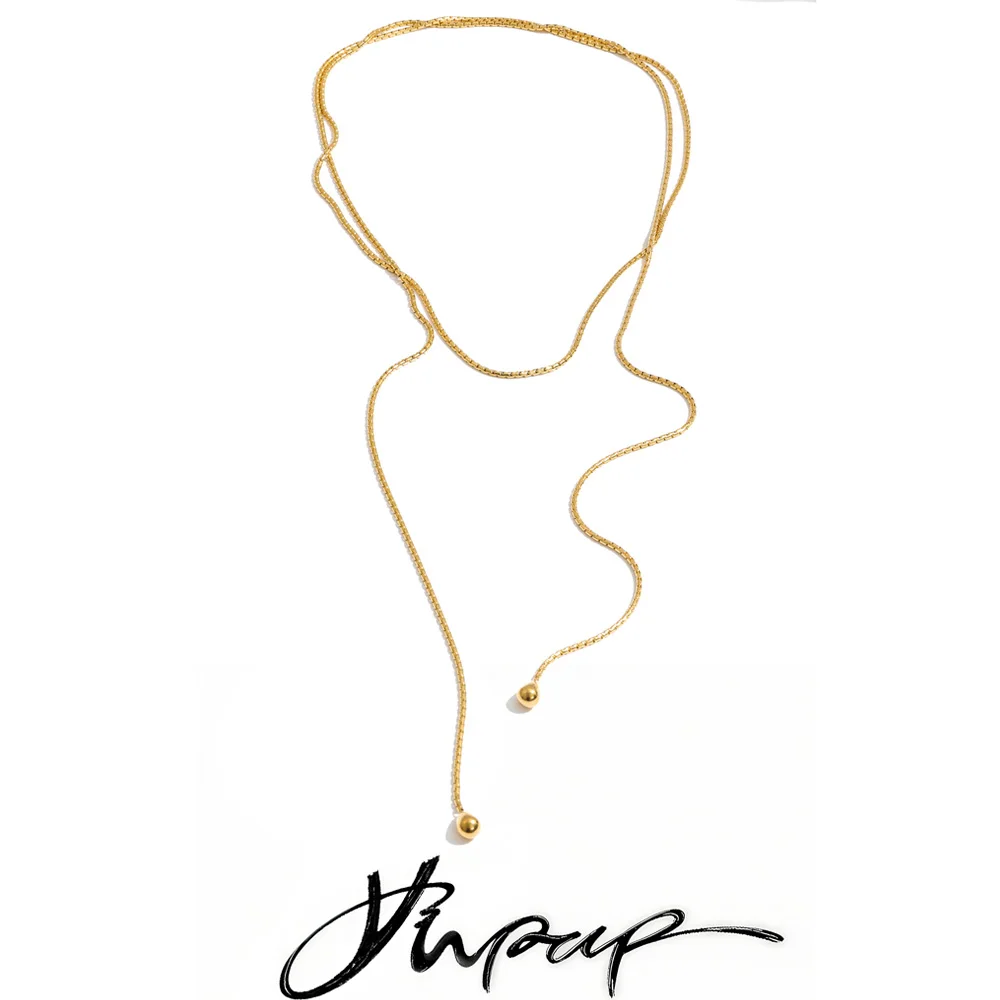 Yhpup 130cm Stainless Steel Chain Stackable Necklace 16K Gold Color PVD Plated Waterproof Distinctive Jewelry