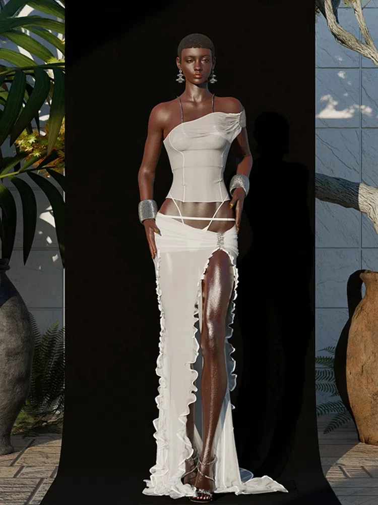 

Mesh 3 Piece Set Women Sexy Vacation Slash Neck Tank Tops+Basic Underpants+Ruched Split Maxi Skirts Mujer Matching Suits
