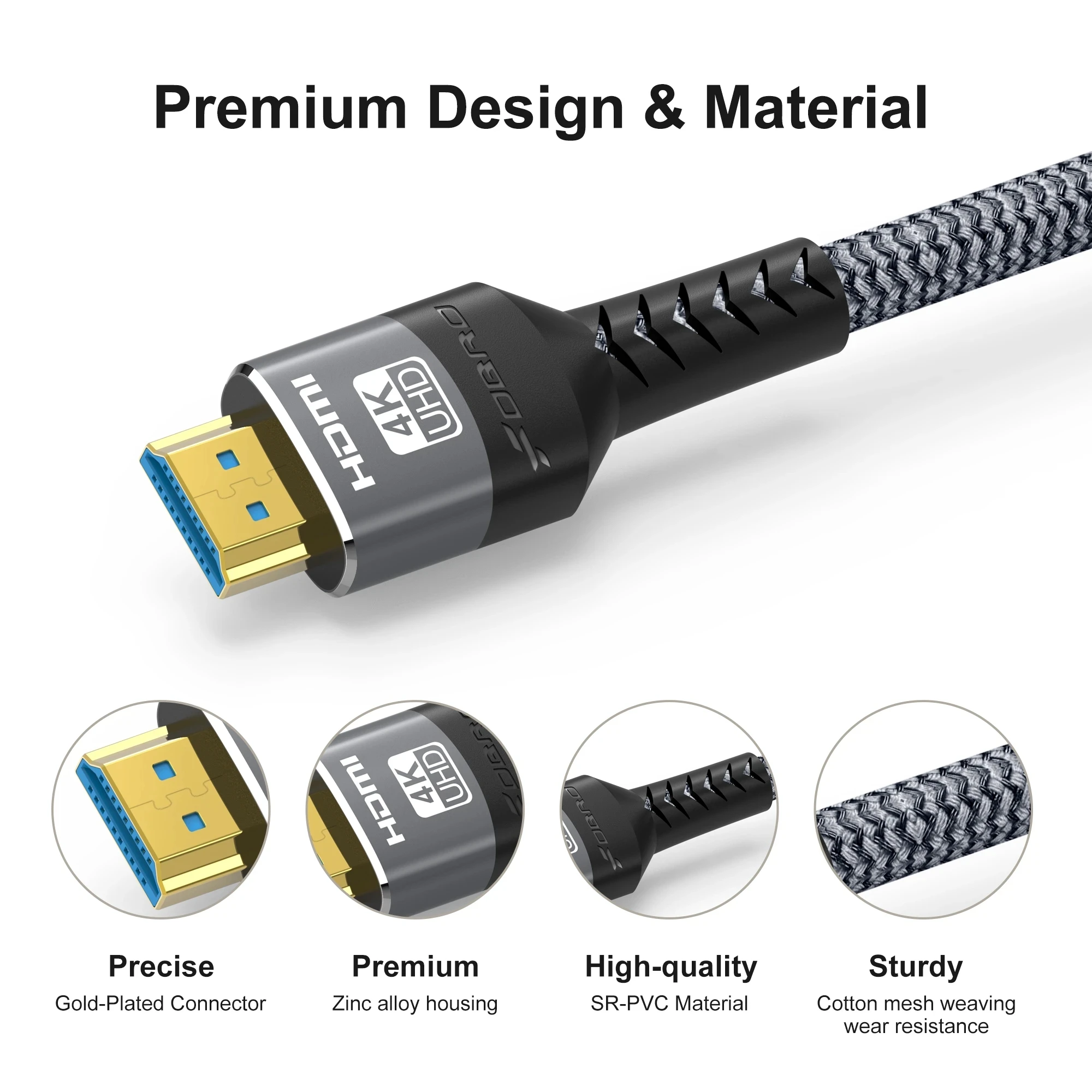 4K@60Hz HDMI-Kabel High-Speed HDMI 2.0 Kabel 18Gbps, HDR, Ethernet, ARC, 3D, HDCP 2.2, 2160p, 48 Bit für TV/HDTV/PS5/Xbox/Roku – Detail 4