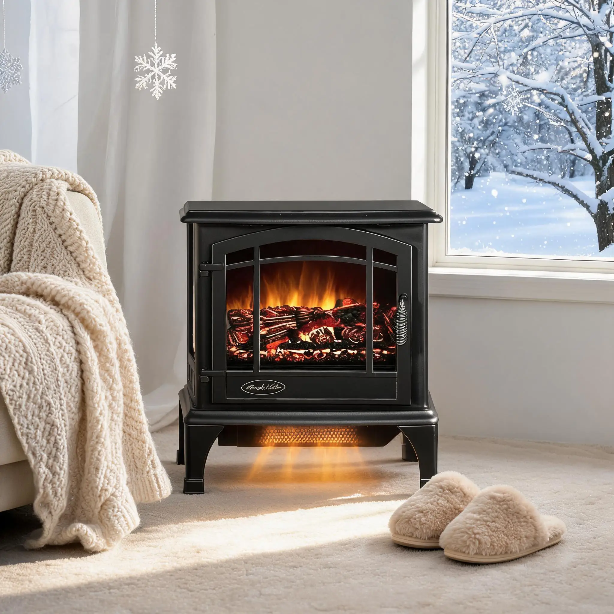 20 Inch Electric Fireplace Stove Heater 1400W Portable Freestanding with Thermostat Realistic Flame Logs Safety Protection for Bedroom Living Room Indoor Space Heating Equipment