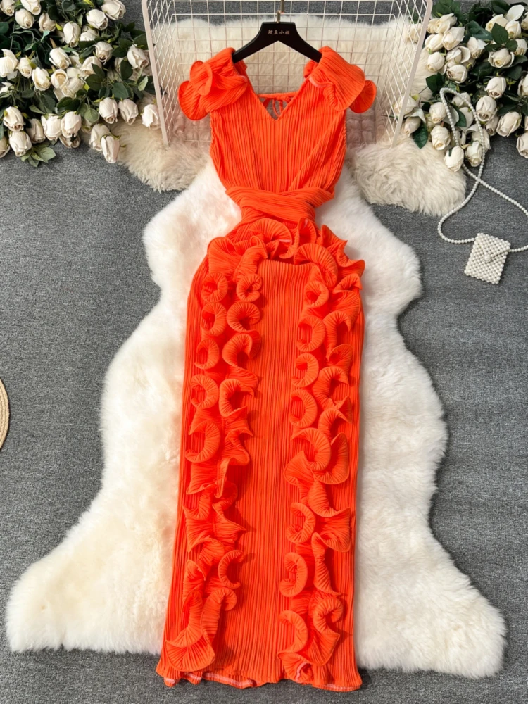 

Women Elegant Sexy Pleat Flower High Waist Slim Slit Dress Summer V-neck Sleeveless Pleat Ruffle Edge Long Solid Robe Vestidos