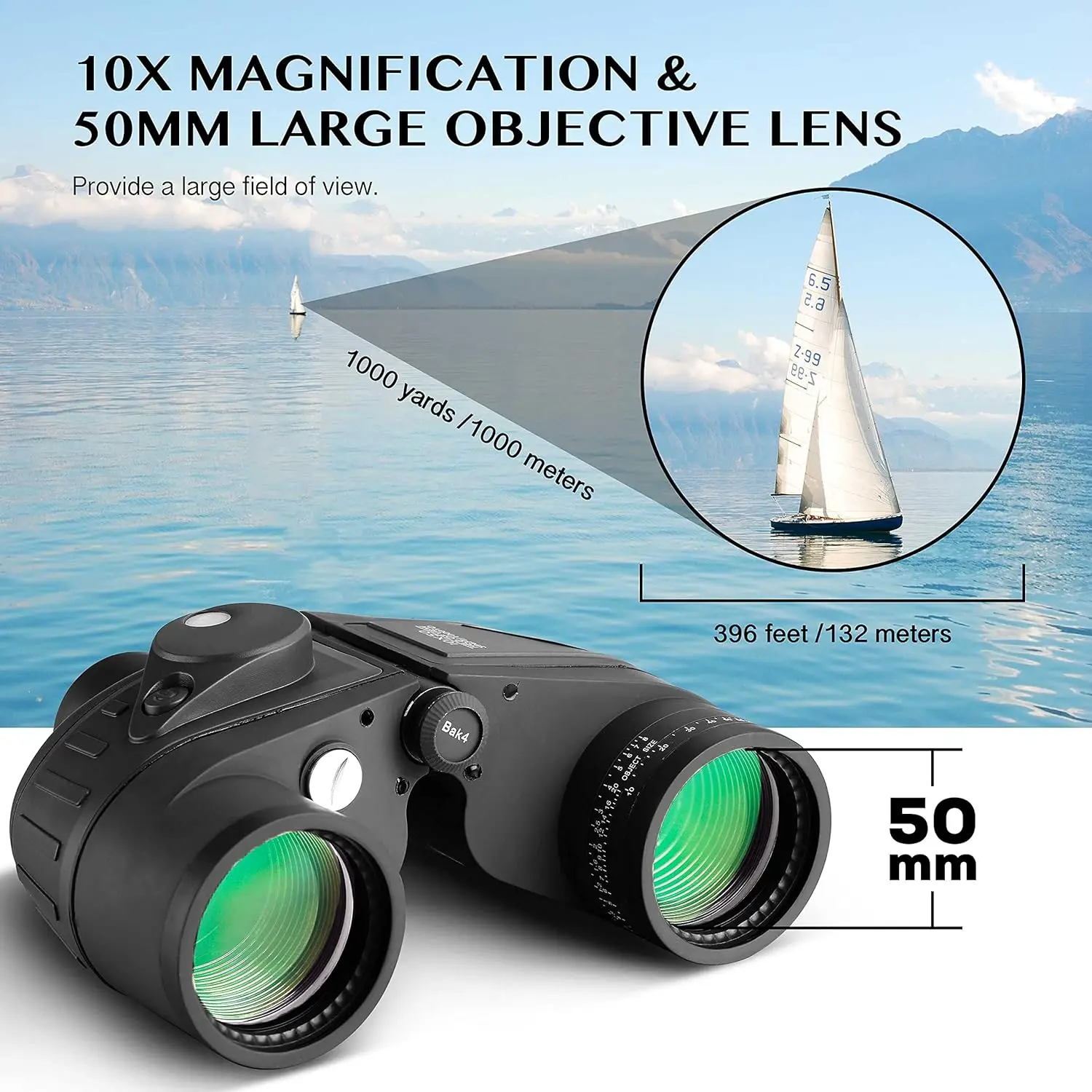 Fernglas 10x50 Marine-Militär-Teleskop für Erwachsene, wasserdicht, mit Entfernungsmesser, Kompass, BAK4-Prisma, HD, Vogelbeobachtung für die Jagd – Detail 8
