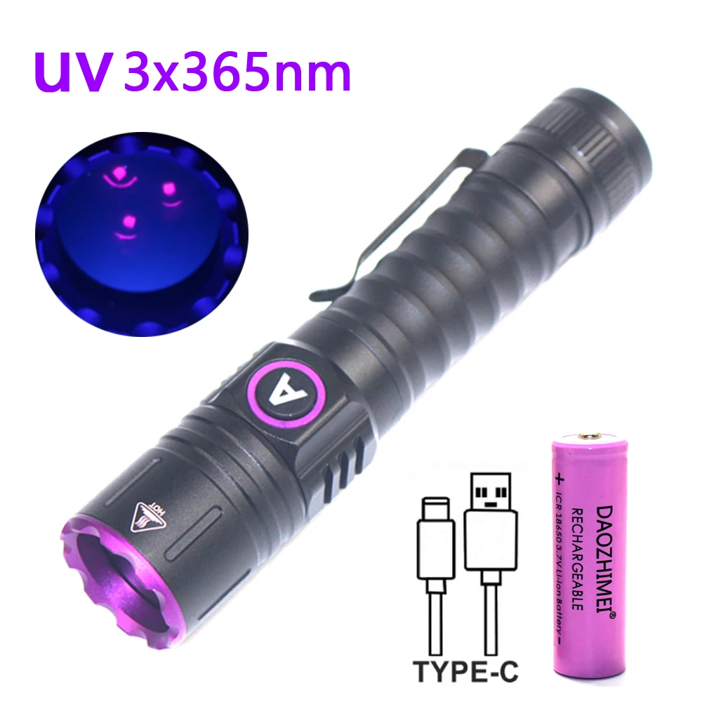 

15W UV 365nm High power Blacklight Type-c USB charging Flashlight Invisible Ink Marker Cat Dog Urine Fluorescence Scorpion Light