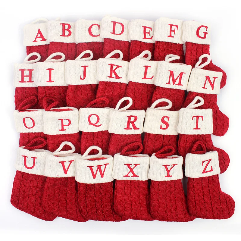 

1P Christmas Socks Knitting Alphabet Letters Snowflake Pattern Christmas Stockings Xmas Gift Bags Christmas Decorations for Tree