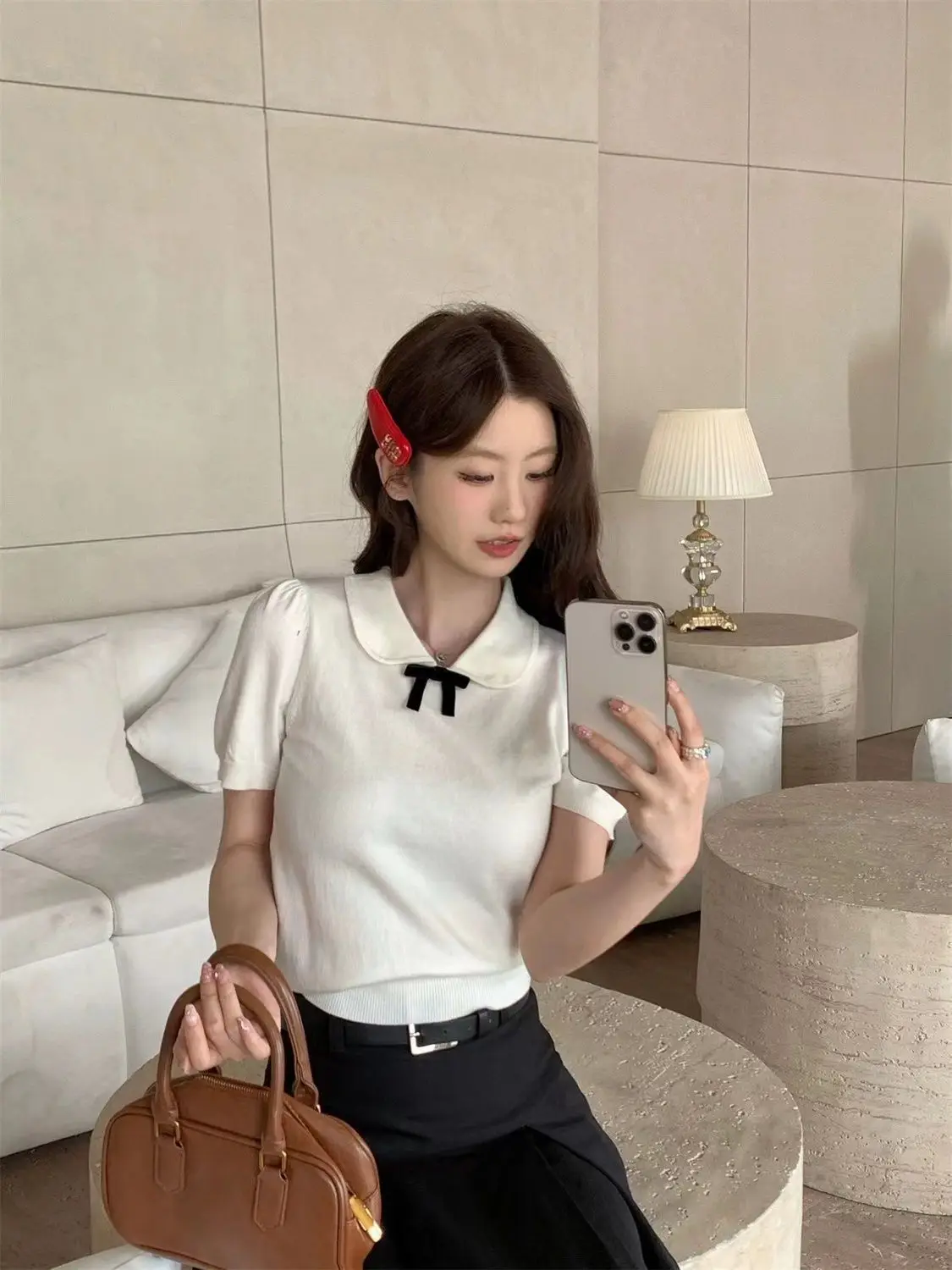

Japan Summer Niche Cute Short Knitted Sweater Slim Fit Trendy Korean Style Sweet Doll Collar Commuter Short-Sleeved Top