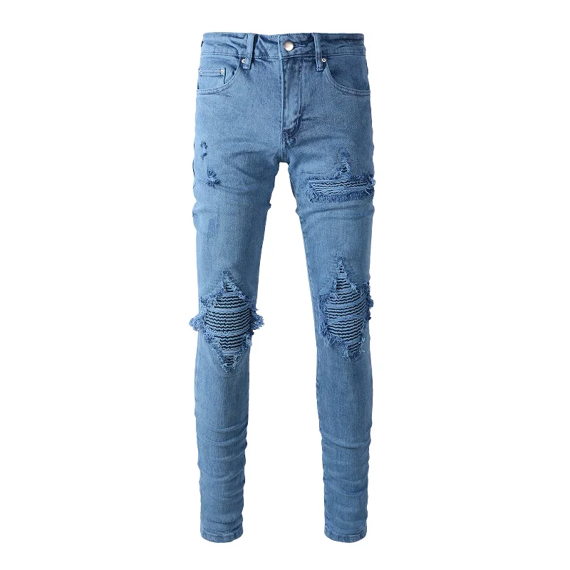 

New Arrivals Distressed Blue Patchwork Patches Jeans High Street Repaired Scratched Slim Fit Scratched Denim Pant For Big Boy