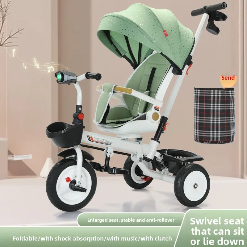 

4 in 1 Folding Kids Trike Sit & Lying Toddler Stroller with Large Canopy Tricycle Dual Brake 3-Gear Adjustable Backrest Portable