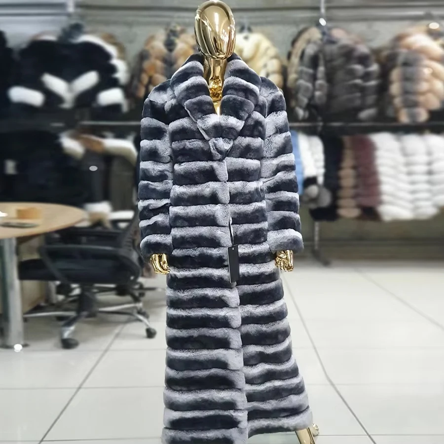 Natural Rabbit Fur Coat For Women Chinchilla Colour Long Jacket Ladies Best Selling Detachable Genuine Fur Coat view 2