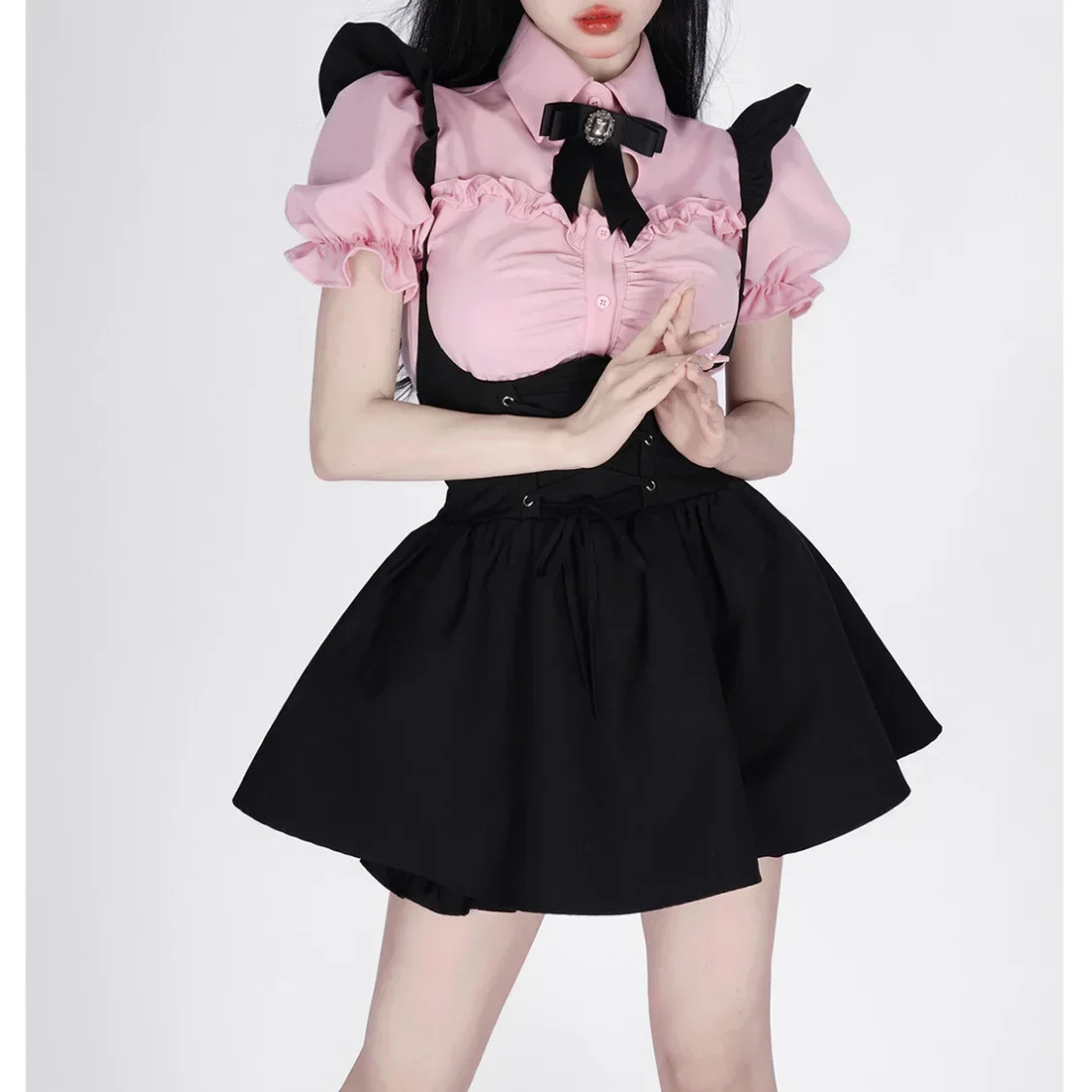 Korean Style College JK Girl Doll Collar Bow Shirt High Waist Lace-up Ruffled Sweet Lolita Strap Skirt Y2K Princess Mini Skirts