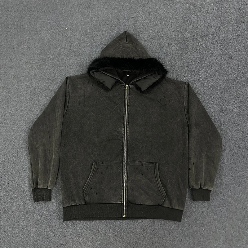 Y2K Vintage Washed Street Hip-Hop Casual Warm Zipper Color Block INS Style Plush Hooded Sweatshirt for Men
