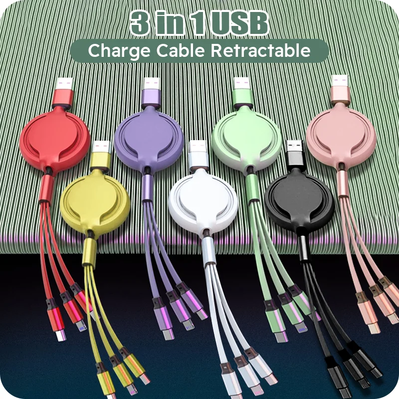 3\'ü 1 Arada Geri Çekilebilir USB Kablosu Hızlı Şarj Veri Kablosu Iphone Samsung Huawei Xiaomi Çok Bağlantı Noktalı Çoklu Şarj Kablosu