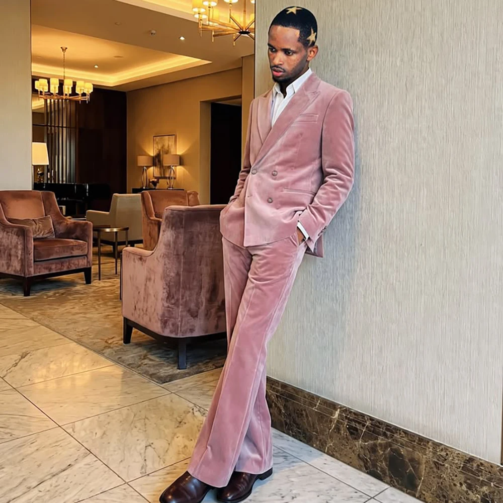 Men Dusty Pink Velvet Double Breasted Suit Romantic Jacket Trousers 2 Pieces Set Groom Prom Party Formal Elegant Male Outfit