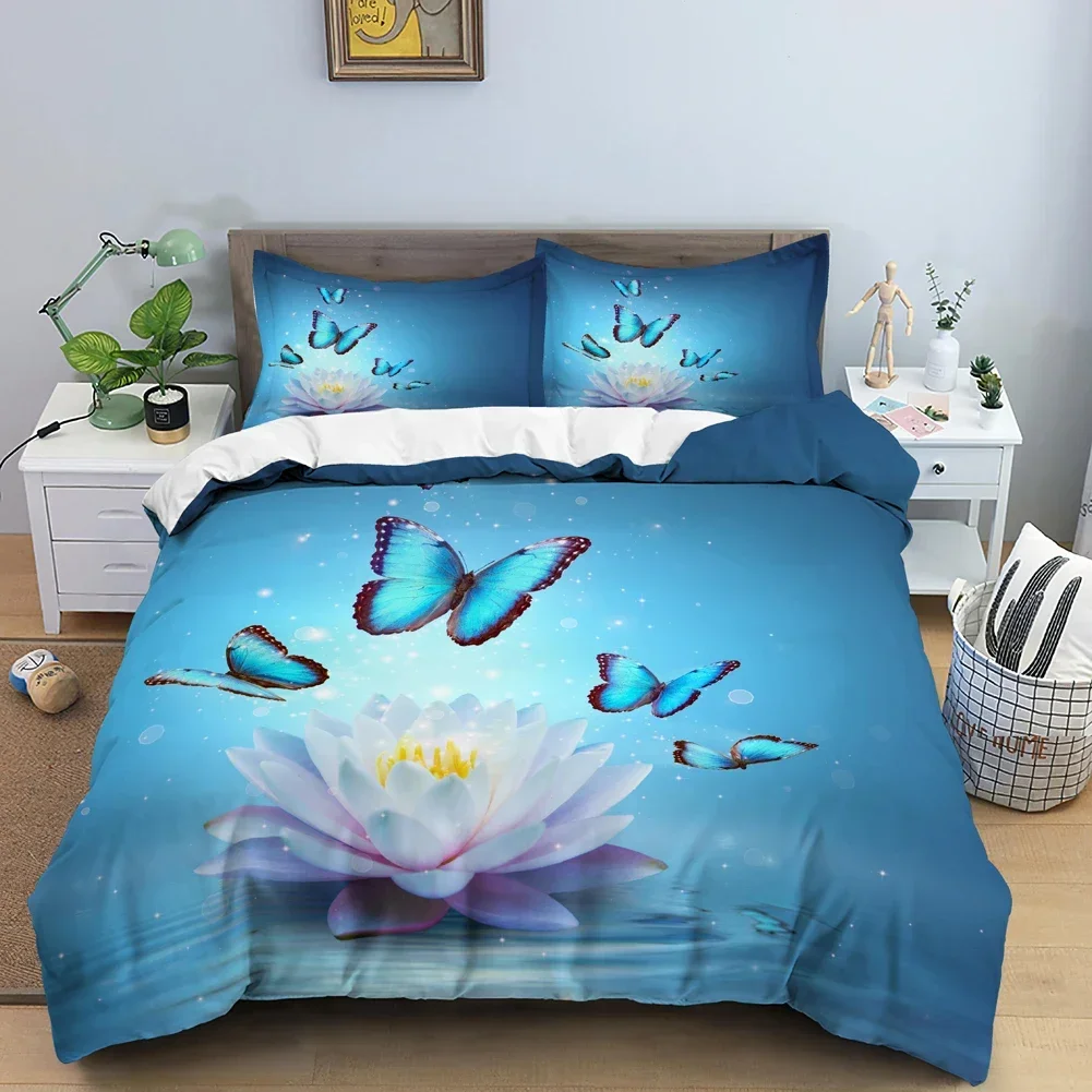 Galaxy Lotus King Size Full Twin Duvet Cover Blue Flower Moon Bedding Set for Teens Adults Bohemian Floral 2/3pcs Quilt Cover