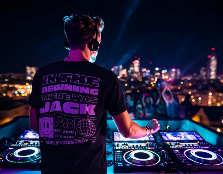 2026 new Back‑Neon‑Purple Rave‑Theme Slogan Graphic Print High‑Quality Comfort Loose Short‑Sleeve Tee