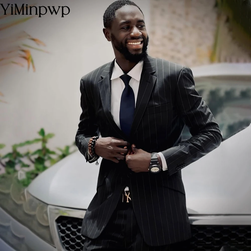 

YiMinpwp Black Pinstripe Men Suits Two Piece Peak Lapel Single Breasted Outfits Wedding Business Casual Daily Male Suit XS-5XL