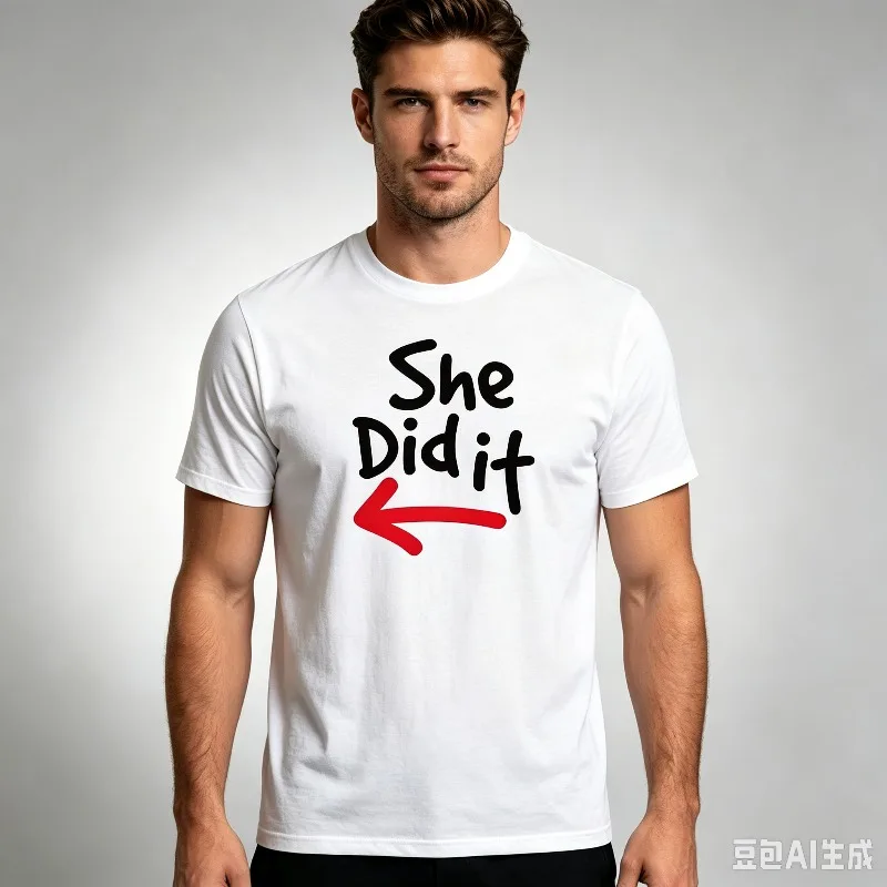 She Did It Arrow Print 100% Cotton Funny Graphic Tee Men’s Casual Crew Neck T-Shirt for Daily Home Party Streetwear