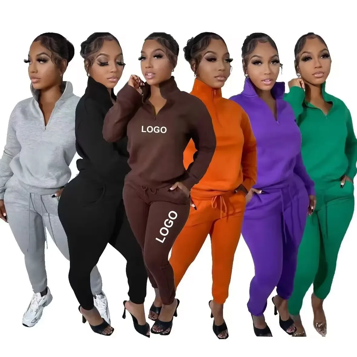 

Women's fashion sports pullover zipper and fleece two-piece set