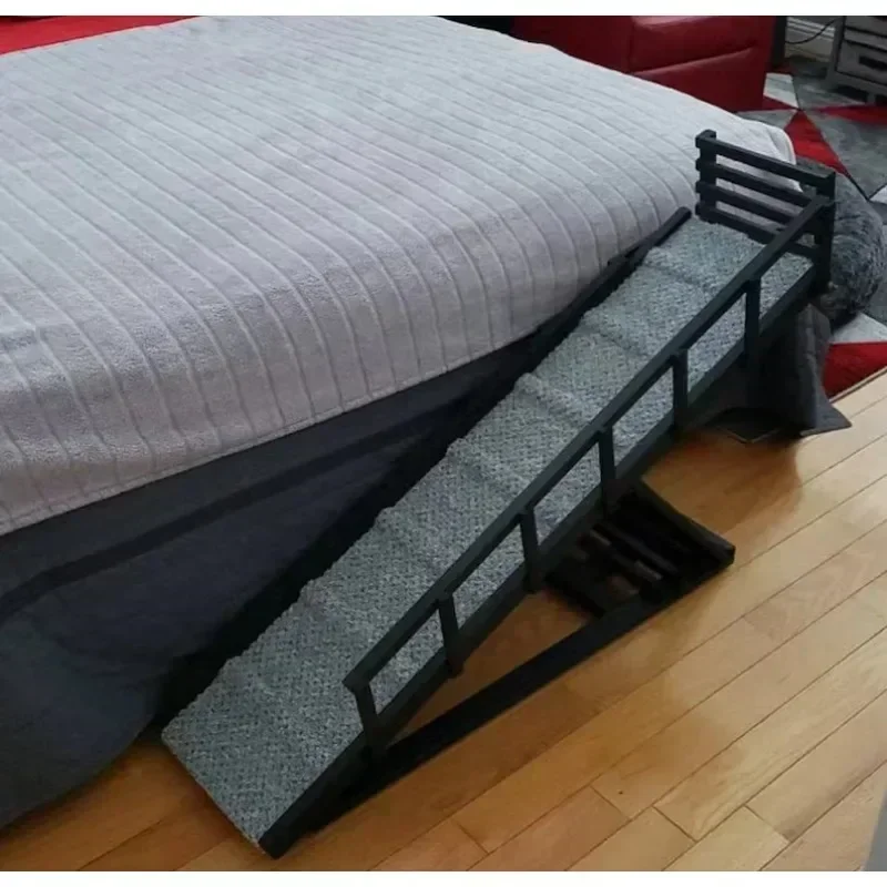 

Rustic Pet Ramp With Foldable Rails Adjustable Dog Ramp With Carpet Free Standing Pet Ramp Training Accessories for High Bed