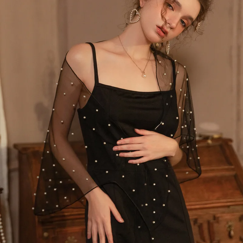 European And American Adult Women Elegant Fashion Slim Shoulder Beaded Dress Beaded Jacket Sequined Cover Up Shirt Fashion Sexy