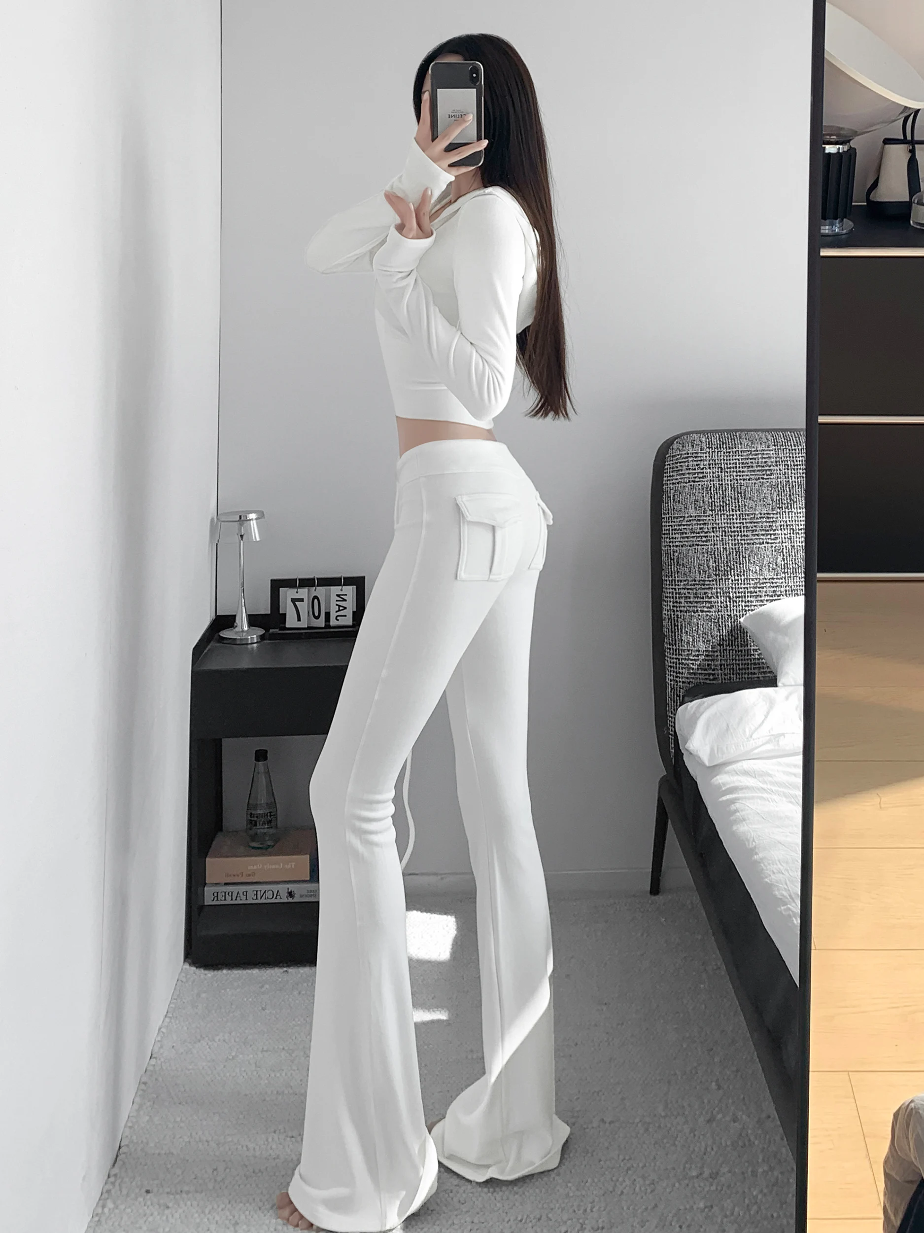 Zhang Zi Casual Women's Zipper Hoodie Short Sleeve Micro Flared Pants Two-Piece Set High Waist Slim Fit Long Zipper Coat
