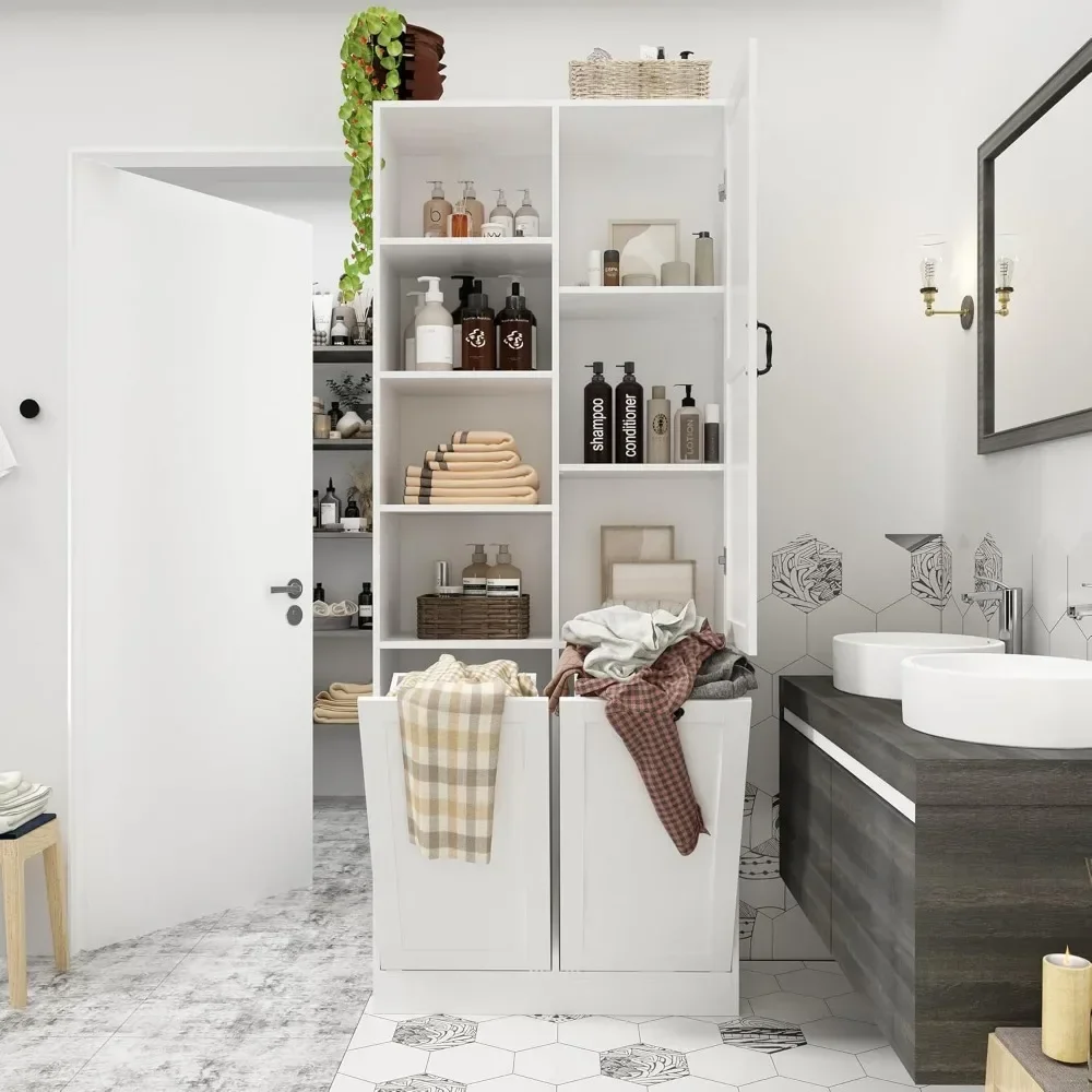 

Tall Bathroom Storage Cabinet with Shelves and Tilt-Out Laundry Hampers, Freestanding Floor Cabinet for Living Room