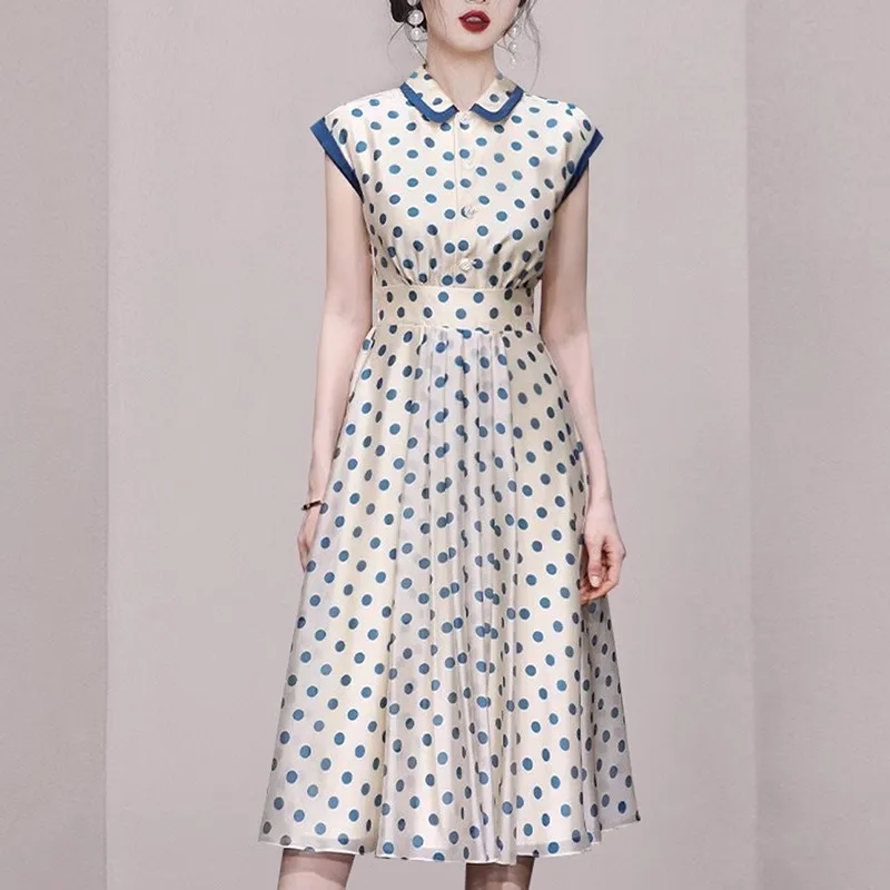 Hepburn Vintage Polka Dot Print Women Dresses Fashion Bowknot Summer Ladies Slim Waist Fold A-Line Mid Party Dress Femme