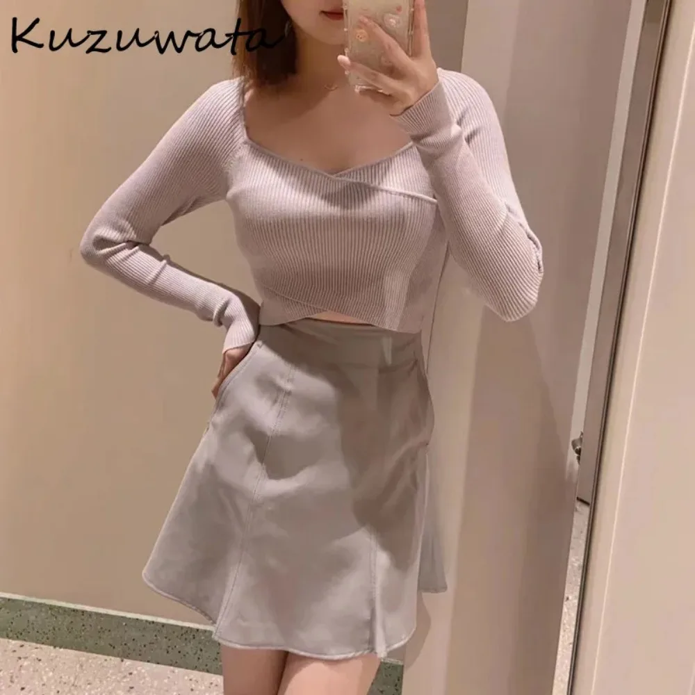 Kuzuwata Cross V Neck Long Sleeve Jumpers Fashion Solid All-match Cropped Knitted Top Japan Sweet Pullover Bottomed Sweaters