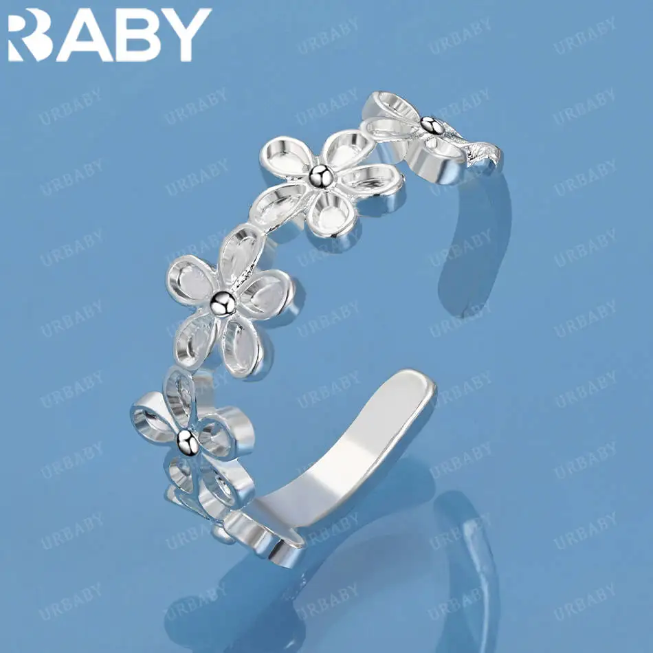 

URBABY 925 Sterling Silver Flower Open Ring For Women Fashion Jewelry Vintage Grace Charm Noble Party Birthday Gifts