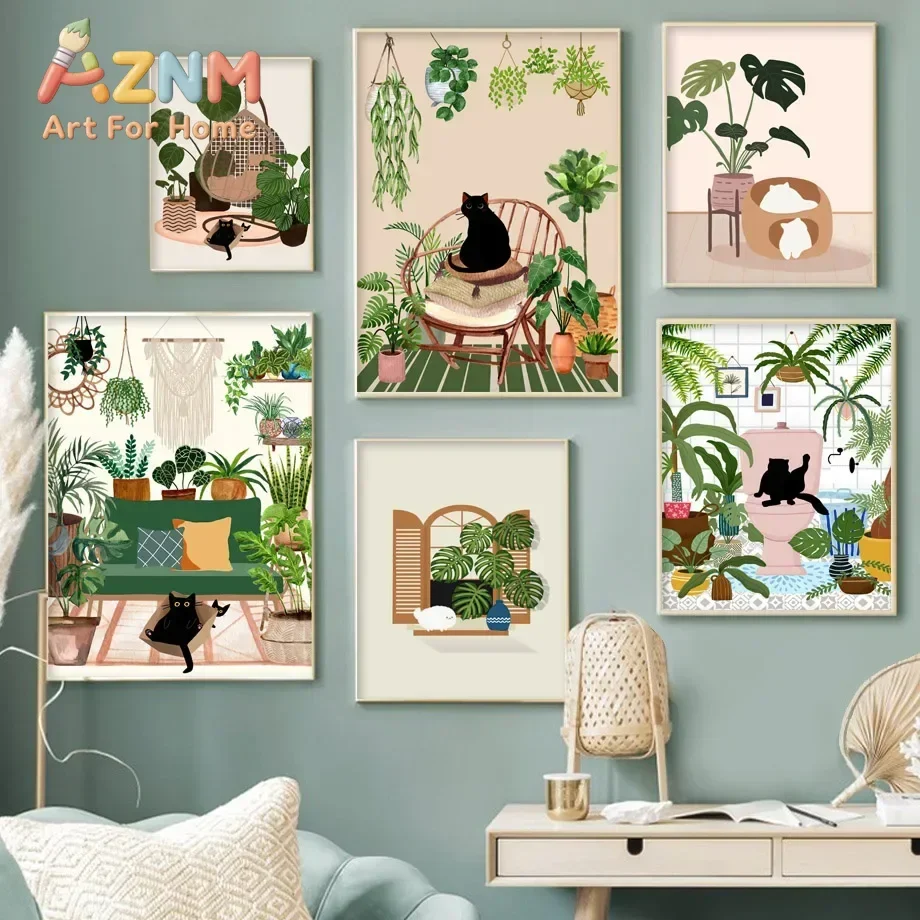 Multiple sizes 1pc frameless Large size Canvas Painting,Abstract Green Plants Black Cat Wall Art Canvas Painting Aesthetics Post