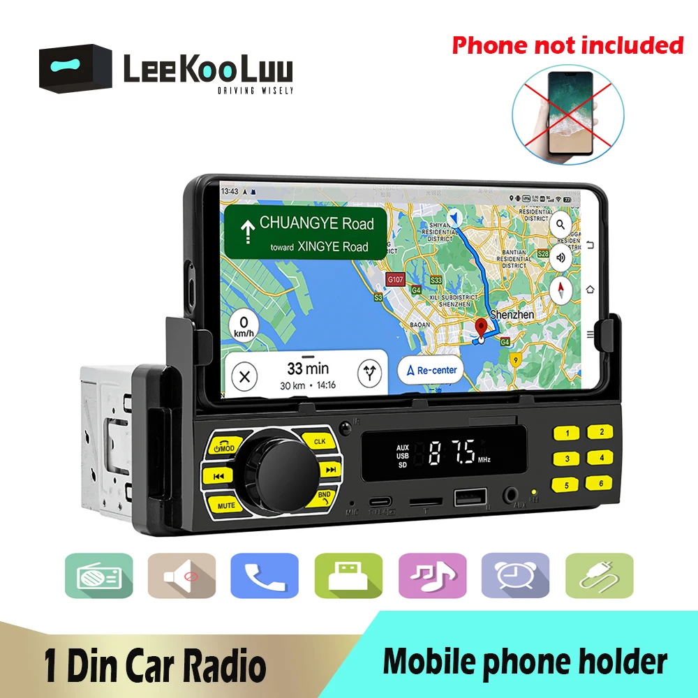 

Leekooluu 1 Din Car Radio Stereo Bluetooth Audio Music In-Dash Car Player MP3 Player USB/SD/AUX-IN with mobile phone holder