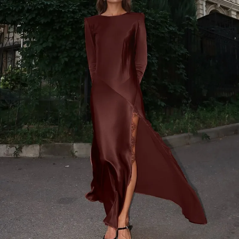 Französischer Stil Damen Satin-Gästekleid, Dezenter Rundhalsausschnitt, Lange Ärmel, Spitzenbesatz, Hoher Schlitz, Elegantes Formelles Abendkleid – Detail 17