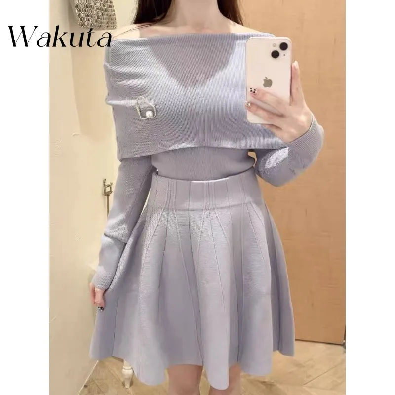 Wakuta Slash Neck Long Sleeve Elegant Sweet Pullovers Fresh Casual Solid Brooch Sweaters Japanese Knit Moda Pull Femme Pullover